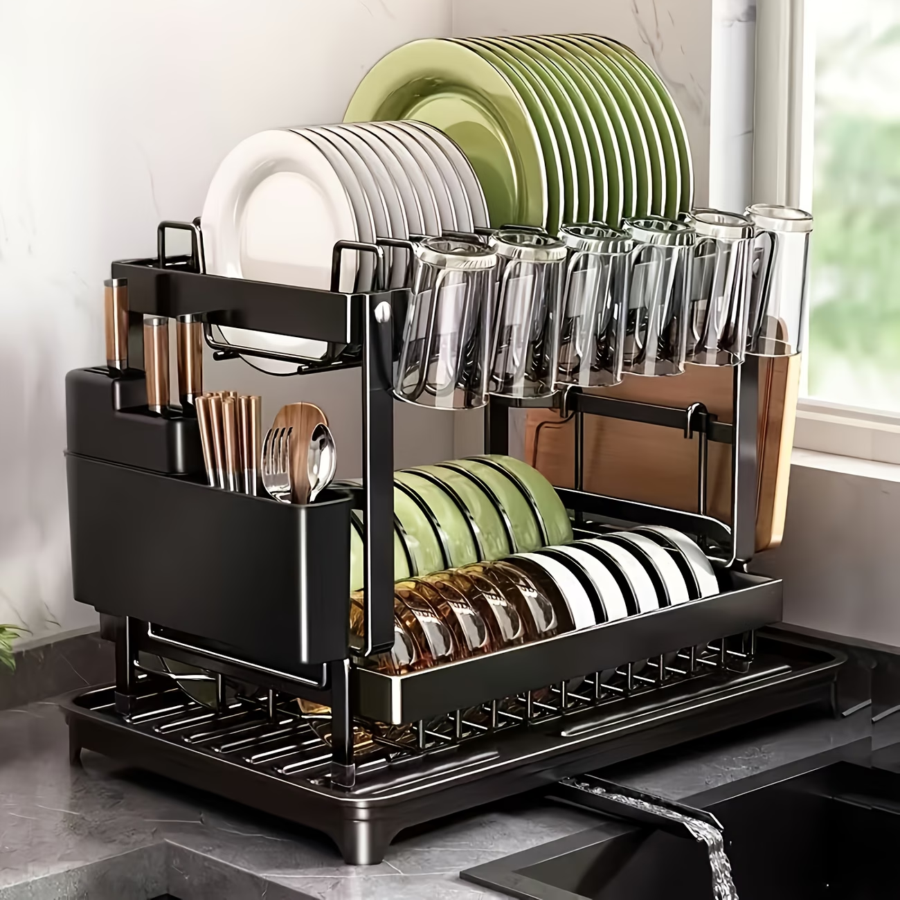 2-Tier Kitchen Storage Shelf with Drainage Basket