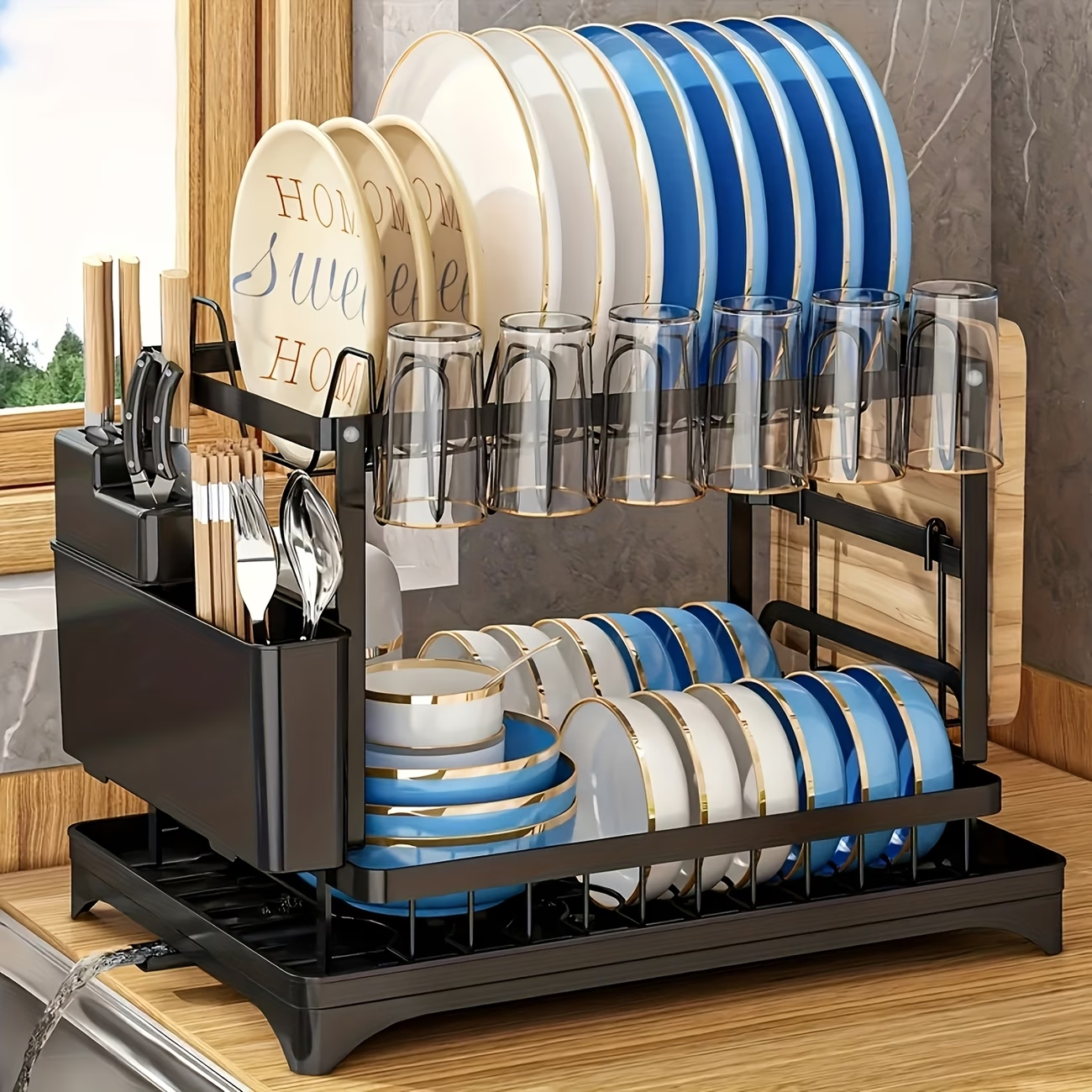 2-Tier Kitchen Storage Shelf with Drainage Basket image 3