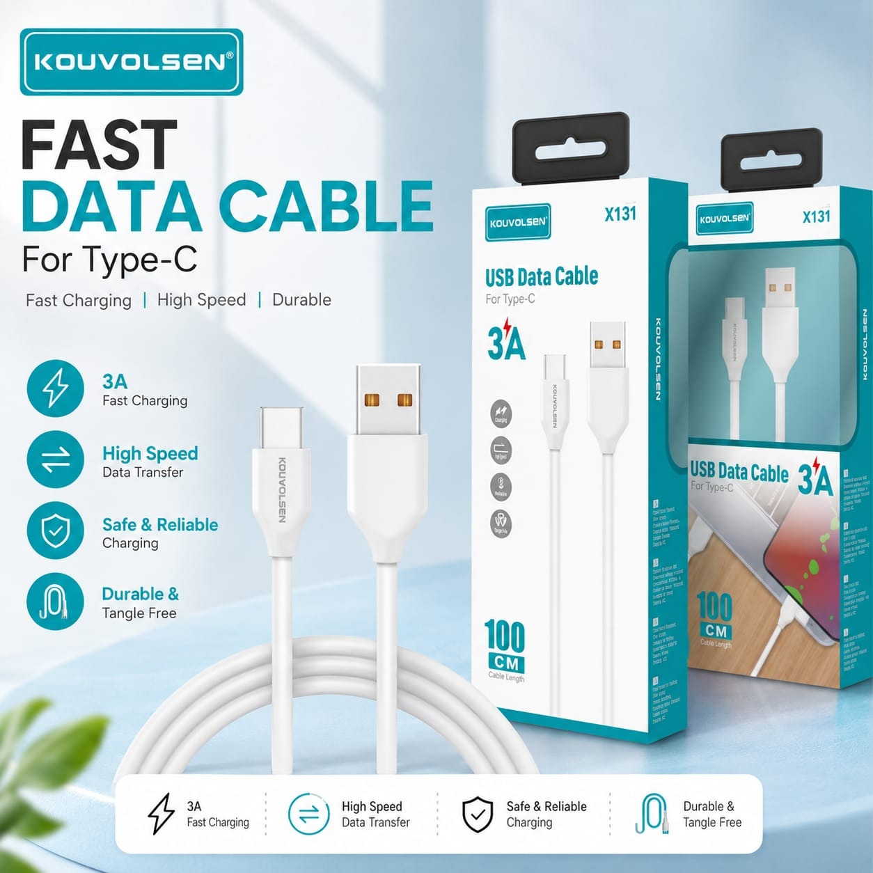 KOUVOLSEN Type-C USB Fast Data Cable 3A 100cm image 2